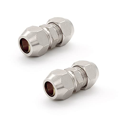 SRJQXH 2 Piezas 8 MM Conector de Tubo de Compresión, Color Plateado Doble Recto Unión de Tuberías, Cobre Niquelado Accesorio de manguera de Aire, Adecuado para Tuberías y Compresores de Aire