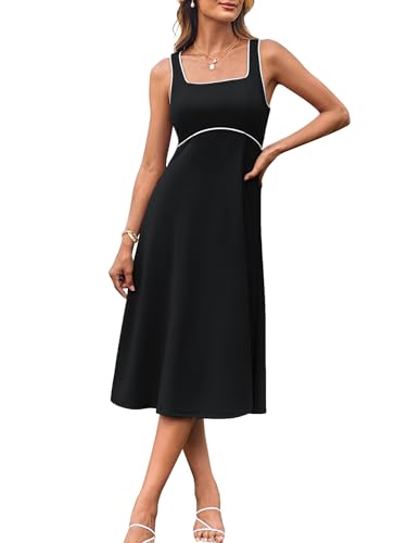 Damen Midi Sommerkleid Elegant A Linie Trägerkleid Casual Ärmellos Eckiger Ausschnitt Freizeitkleid Schwarz XL