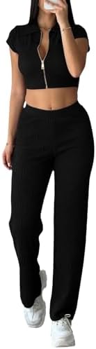 CutieLove Women's 2 Piece Outfits Zip Short Sleeve Crop Tops Wide Leg Long Pants Tracksuit Sets
