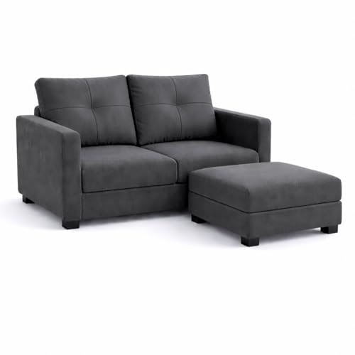 Image of FURNY Heritage 2 Seater Fabric Sofa Set with 1 Ottoman (Dark Grey) with Velvet Finish | Durable Comfort | Ideal for Living Room.