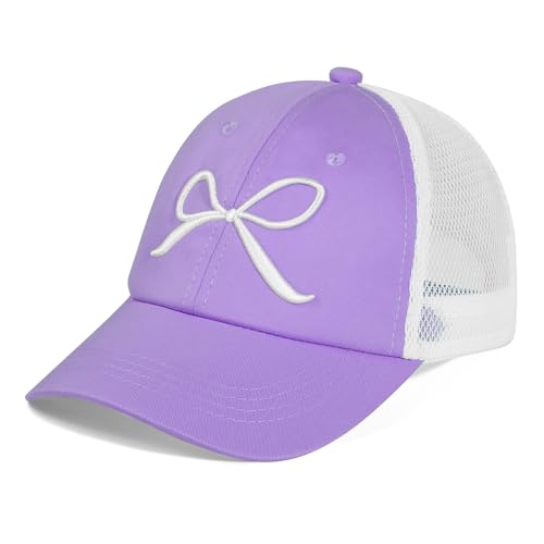 Girls Bow Tie Baseball Cap, Kids Summer Mesh Sun Hats Visor Cap, Adjustable Ponytail Hat for 7-12 Years