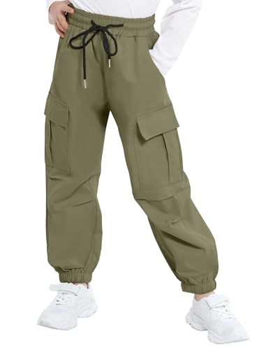 Image of JiAmy Girls Cargo Pants Elastic High Waist Drawstring Pants Jogger Trousers Casual Loose with Pockets 6-14Y