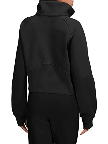 Laslulu Womens Fuzzy Cropped Sweatshirt Hoodies Sport Athletic Zip Up Stand Collar Sweater Fleece Lined Fall Sweatshirt Long Sleeve Pullover Tops Pockets(Black Large) #TOP2
