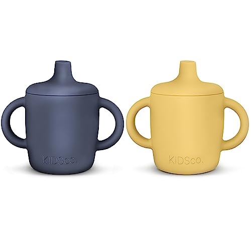 Image of KIDSco Silicone Sippy Cups (2 Pack) – Soft Spout & Open Training Cups for Babies 6+ Months | Easy Grip Handles, Unbreakable BPA-Free Silicone, Leak-Resistant, Dishwasher Safe (Midnight Blue & Canary)