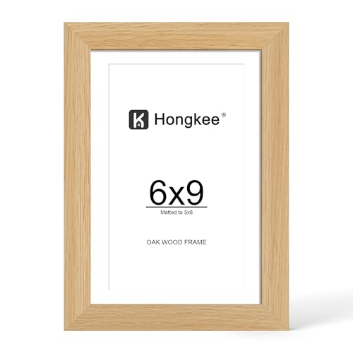 Hongkee 6x9 Oak Wood Picture Frame Display Photos 5 x 8 with Mat or 6 x 9 without Mat - Tempered Glass Cover Horizontal and Vertical Display for Wall or Tabletop (Natural Oak Set of 1)