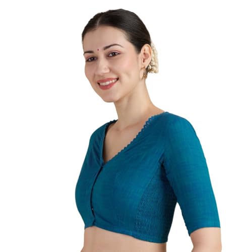 Image of Studio Shringaar Women's Handloom Cotton Side Stretchable (Smocked) Readymade Saree Blouse with Crochet Neckline