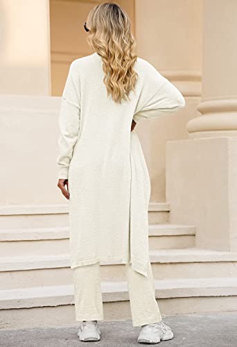 Linsery Women Fuzzy 3 Piece Loungewear Open Front Cardigan Crop Vest Top Wide Legs Pants Cozy Outfits White S #TOP7