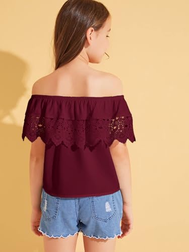 Image of WDIRARA Girl's Folklorico Shirt Off Shoulder Ruffle Trim Lace Blouse Tops | Short Sleeve, Mexican Blouse, Dressy Peasant Tee, Casual
