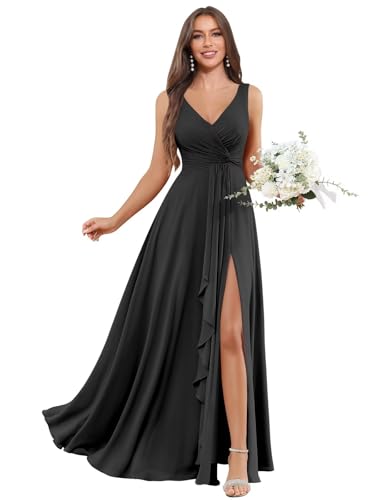 Image of BOLENSYE Bridesmaid Dresses Long Ruched Ruffles Chiffon A Line Evening Party Gown with Pockets Slit