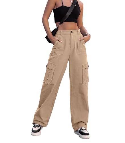 ZMPSIISA Women High Waisted Cargo Pants Wide Leg Casual Pants 6 Pockets Combat Military Trousers(Khaki,Small)