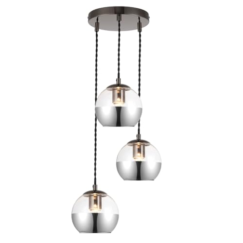 Cosylyte Marlo 3 Light Modern Smoky Glass Cluster Pendant Light - Matt Black Base, Black Twisted Power Cord, 20x20x100cm, 3xE27. Max. 15W LED (Bulb not Included)