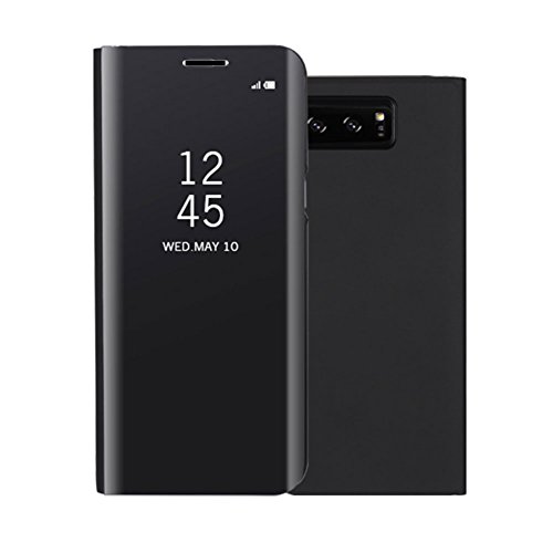 Aearl for Samsung Galaxy Note 8 Mirror Case, Plating PC Smart Clear View Window Vertical Flip Stand Cover Full Body Protective Shell with Screen Protector Kickstand for Galaxy Note 8 - Black