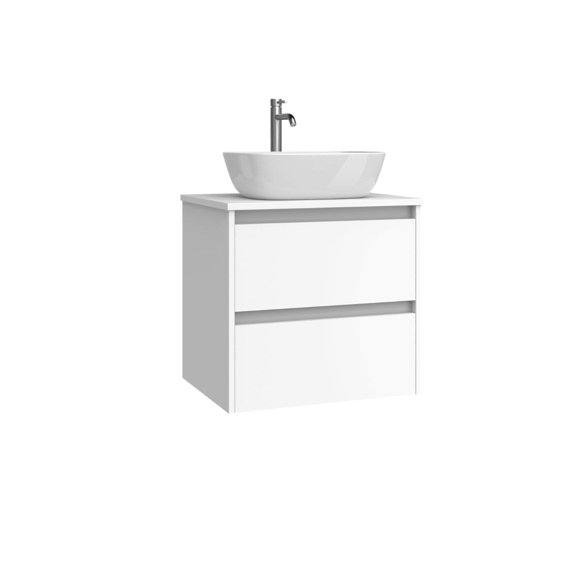 Mueble de Baño Suspendido con Lavabo Sobreponer Cerámico | Mueble Volado 2 Cajones | 60 cm Blanco Mate