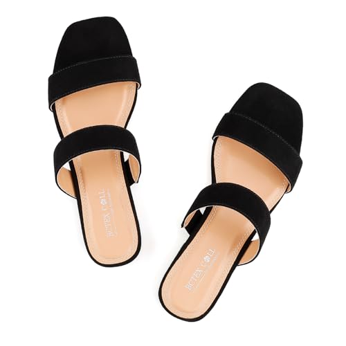 BCTEX COLL Women's Two Strap Low Block Heel Sandals Comfortable Open Toe Flat Sandals Dressy 1-Inch Heels for Women Black White Brown