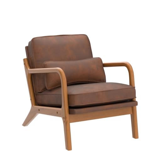 Image of Karl home Accent Chair Mid-Century Modern Chair with Pillow Bronzing Cloth Upholstered Lounge Arm Chair with Solid Wood Frame & Soft Cushion for Living Room, Bedroom, Balcony, Brown