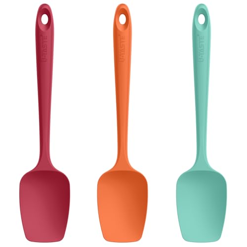 Image of U-Taste Silicone Cooking Spoon Spatula: 600ºF Heat Resistant BPA-Free Flexible Rubber Spoonula, Nonstick Mixing Scooping Kitchen Baking Scraper Utensils Set of 3 for Pan, Pot, Bowl (Colorful)