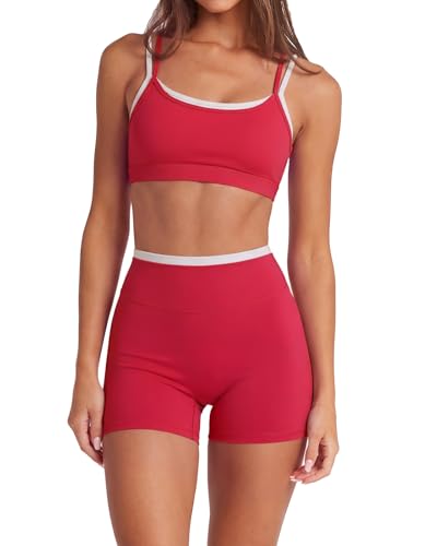 SUUKSESS Women 2 Pieces Workout Sets Padded Spaghetti Straps Tank Tops High Waist Biker Shorts Gym Yoga Active Wear Matching Sets (Red, S)
