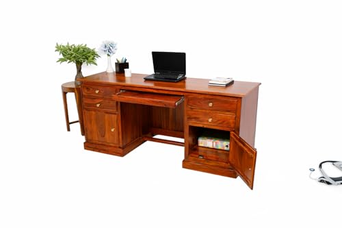 Image of Solid Sheesham Wood Office Desk with 4 Drawers & 2 Cabinets, Wooden Computer Table with Keyboard Tray & Footrest, Study Writing Desk for Home Office Furniture (Natural Finish Honey)