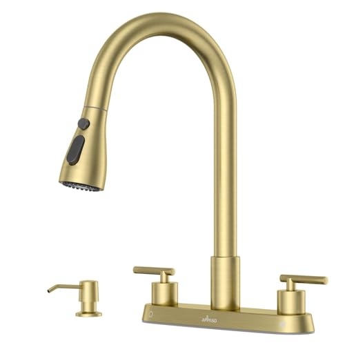 Image of APPASO 2 Handles 4 Hole Kitchen Faucet with Pull Down Sprayer Brushed Gold | Gold Kitchen Faucets with Soap Dispenser, Modern High Arc Stainless Steel for 3 & 4 Hole Sinks, Spot Free, Easy to Install