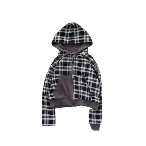 Men's retro checkered printed full zip cardigan, reversible hoodie, casual hip-hop style streetwear with pockets