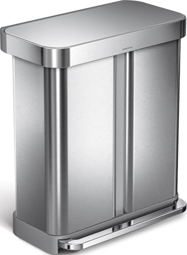 simplehuman 58L (34/24) Rectangular Recycling Kitchen Pedal Double Bin with Liner Pocket, Silent Soft Close Lid, Strong Wide Pedal, Fingerprint-Proof, Brushed Stainless Steel, CW2025