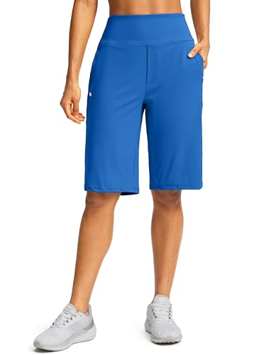 Bermuda long femme avec poches et taille haute extensible bleu royal