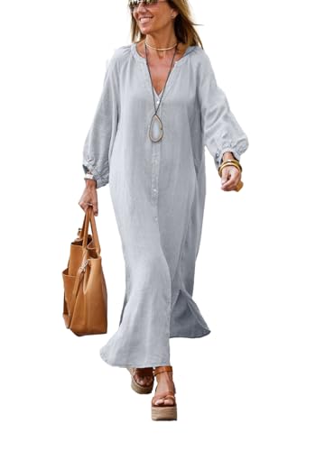 Image of chouyatou Women Summer Long Sleeve Notch Neck Maxi Linen Shirt Dress Loose Button Down Tunic Shift Dress