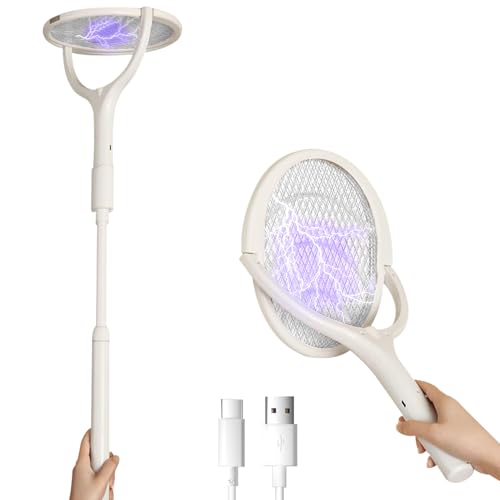 Raqueta Mosquitos, 6 en 1 Matamoscas Electrico Recargable USB con Extensión Telescópica, Antimosquitos Eléctrica con Luz Ultravioleta Giratorio de 90°, Mata Mosquitos Eectrico para Interior y Exterior
