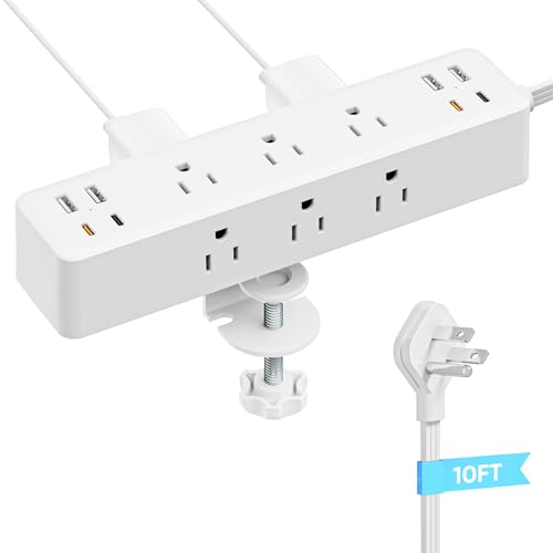 Image of Flat Plug Desk Clamp Power Strip 10FT, 40W Total Fast Charging Station, 2 PD20W USB C Ports, Desk Edge Mount Power Strip 9 AC Outlets 8 USB Ports Surge Protector, Fit 1.7 inch Tabletop Edge, White