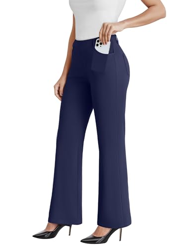 DLOODA Dress Work Pants Women Business Casual Slack Trousers Stretchy Pull On Office Flare Pants with Pockets（Navy Blue L）