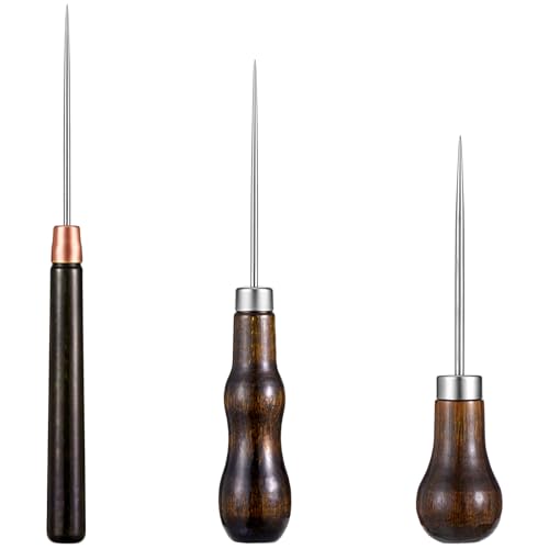 Scratch Awl Tool, 3 PCS Leather Sewing Awl Punch Tool Gourd Shape Punch Stitch Pin with Wooden Handle for Leather Crafts Shoes Repair Sewing Making Supplies