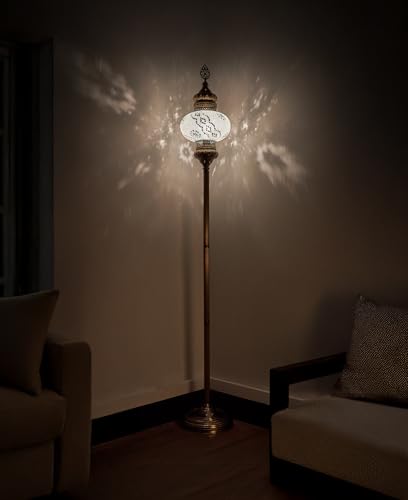 DEMMEX 10" Diameter Largest Mosaic Globe Turkish Floor Lamp, Handmade Moroccan Standing Lamp, Antique Brass Finish, 5.5 ft Tall (White Clear)