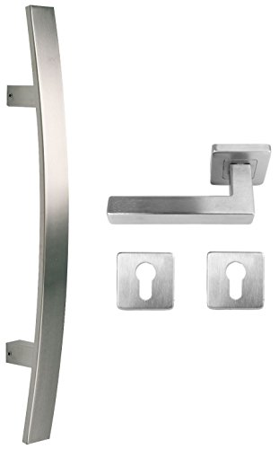 Edelstahl Haustür Beschlag- Set auf quadratischen Rosetten - Grifflänge 600mm Cover