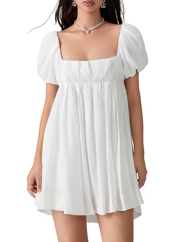 Women Y2k Puff Sleeve Babydoll Dresses Square Neck Tie Back Mini Dress Summer Solid Off Shoulder Flowy Sundress