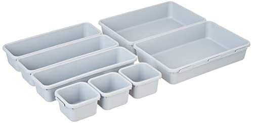 Image of Amazon Brand - Solimo Storage Basket, Set of 2, Large, Brown, Plastic & Amazon Brand - Solimo Kitchen Drawer Organiser, Set of 8, Grey
