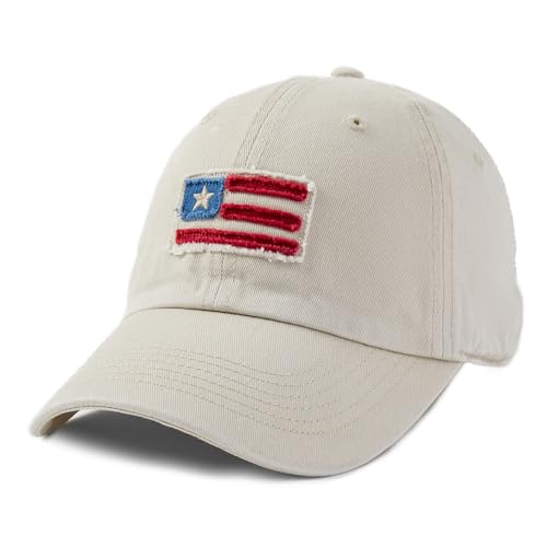Life is Good Adult Chill Baseball Cap Low-Profile Adjustable Snap Back Embroidered Hat for Men and Women Tattered American Flag Birch White One Size
