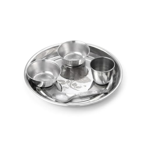 Image of Pure Stainless Steel Laddu Gopal Bhog Thali Set | 5-Piece Traditional Pooja Bhog Plate with Bowl, Glass & Spoon | Ideal for Daily Rituals, Janmashtami & Festive