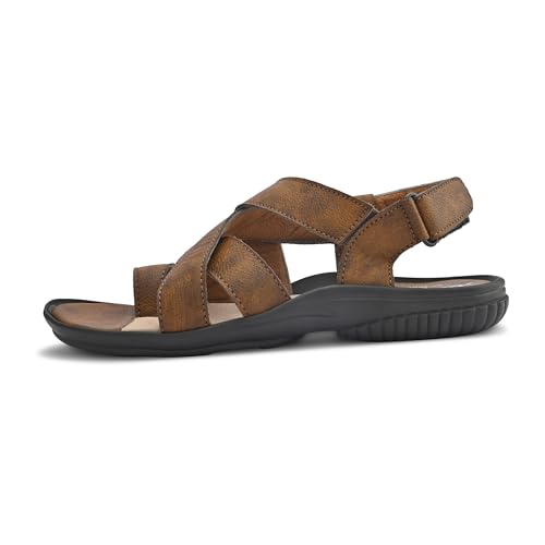 Image of Centrino Men's Sandals | Brown /Tan Textured Cushioned Sole Casual Leather | Strap Sandal with Adjustable Buckle | Comfortable Casual Footwear for Summer Office Travel (9574)