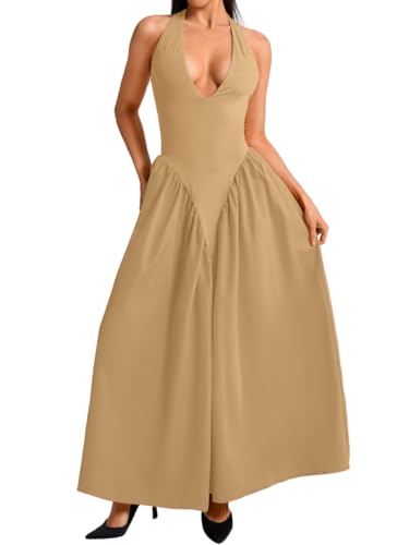 Image of ChiaoLezhee Deep V Neck Dress, Halter Maxi Dresses, Vacation Date Night, Sexy for Women Corset Flowy Wedding Guest Drop Waist