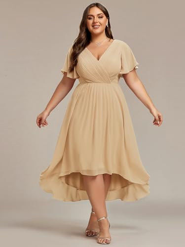 Image of Ever-Pretty Plus Summer Short Sleeves V-Neck Formal Wedding Guest Dresses for Curvy Women Chiffon Midi Cocktail Party Dress