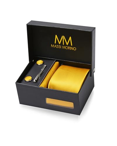 Massi Morino Cravate Homme Jaune et mouchoirs de poche, boutons de manchette et Pinces à cravates | Coffret cadeau | Accessoires de Fete de Mariage