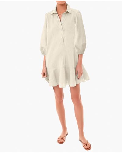 Image of YEXPINE Women Button Down Dress Casual 3 /4 Puff Sleeve Cotton Linen Dress Flowy Ruffle Hem Tunic Shirt Dresses