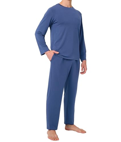 Image of BAMBOO COOL Mens Pajama Set Bamboo Viscose Soft Pijamas Sets for Men Long Sleeve Full Length Pants Pjs Sleepwear with Pockets