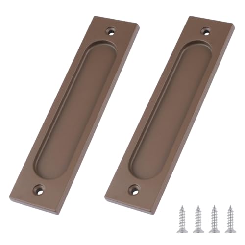 MOROBOR Tiradores rectangulares empotrados para puerta corrediza, 2 unidades, color marrón café, aleación de aluminio, manijas de dedo con tornillos de montaje para puerta corrediza de granero (148 mm