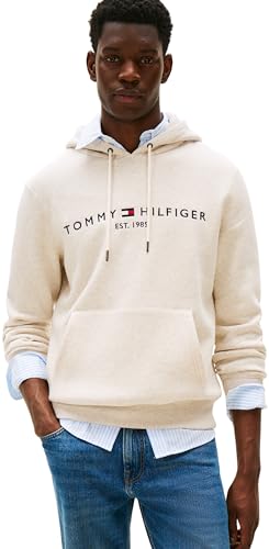 Tommy Hilfiger Uomo Felpa Tommy Logo con Cappuccio, Beige (Heathered Oatmilk), XXL
