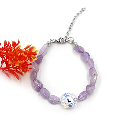 Image of Uloveido Purple Natural Stone and Austrian Crystal Letter Bracelet, Personalized Initial Jewelry for Women A-Z 26 Letters