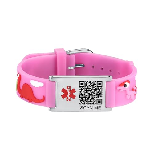 Image of LinnaLove Medical Alert ID Bracelet - Custom or Pre-Engraved, QR Code Available,Blue Dinosaur Band