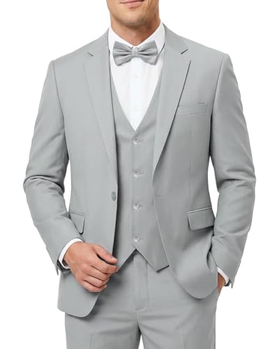 Men's 3-Piece Slim Fit Suit with Bow Tie, Single Button Blazer Vest Pants Set for Wedding Business, Formal Suit for Men Light Gray