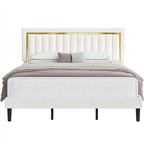 Hithos King Size Bed Frame With Adjustable Tufted Headboard, Velvet Upholstered Platform Bed Frame With Gold Trim, Heavy Duty Mattress Foundation With Steel Frame, Easy-Assembly Slats (Beige, King) #TOP6