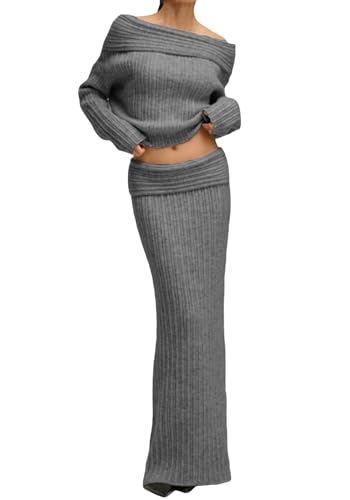 Kwunbwa Conjunto de falda para mujer, conjunto de 2 piezas con hombros descubiertos, suéter de manga larga, falda larga, suéter de punto para otoño, Gris, M